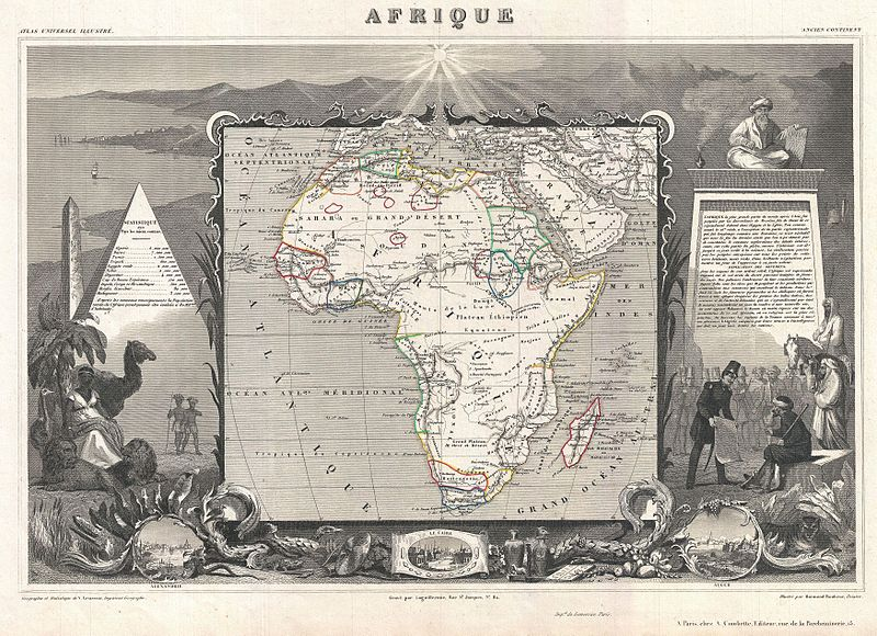 17. "Afrique" by Victor Levasseur (1852).Much of the interior is still unknown to Europeans, with the exception of the Nile Valley, the French colonies (Senegal, Gambia, and Algeria), and the Dutch and English ones (South Africa).