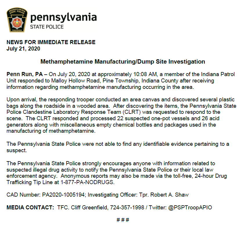 PSPTroopAPIO's tweet photo. We continue to find meth dump sites along the roadside.

Anonymous reports can be made via the 24-hour Drug Trafficking Tip Line at 1-877-PA-NODRUGS.

Please help us keep our communities safe, especially for our children. https://t.co/gBya6qUE0I