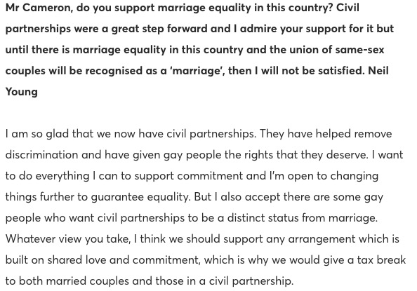 We got  @PinkNews readers to send in Qs.  @nick_clegg was first and backed equal marriage.  @David_Cameron said he was "open" to it. Gordon Brown didn't back it, but  @Ed_Miliband did during the Labour leadership election that followed (11/22)