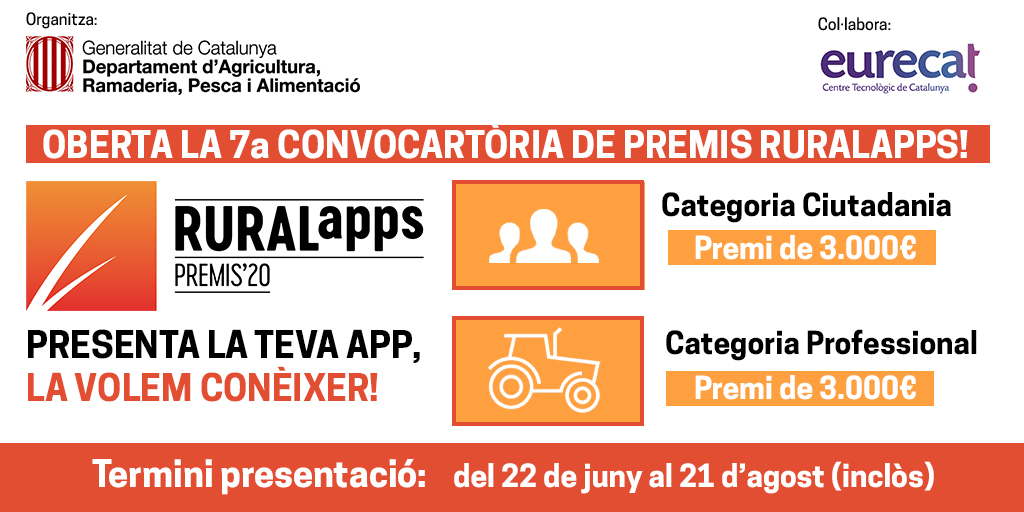 22networkbcn's tweet image. OBERTA LA CONVOCATÒRIA DE PREMIS #RURALAPPS! by 
@Eurecat_news

Els premis Ruralapps tenen l’objectiu de distingir les empreses que han desenvolupat aplicacions mòbils que contribueixen a la millora del sector agroalimentari, rural, forestal i pesquer.

➡️ bit.ly/2VtvLVX