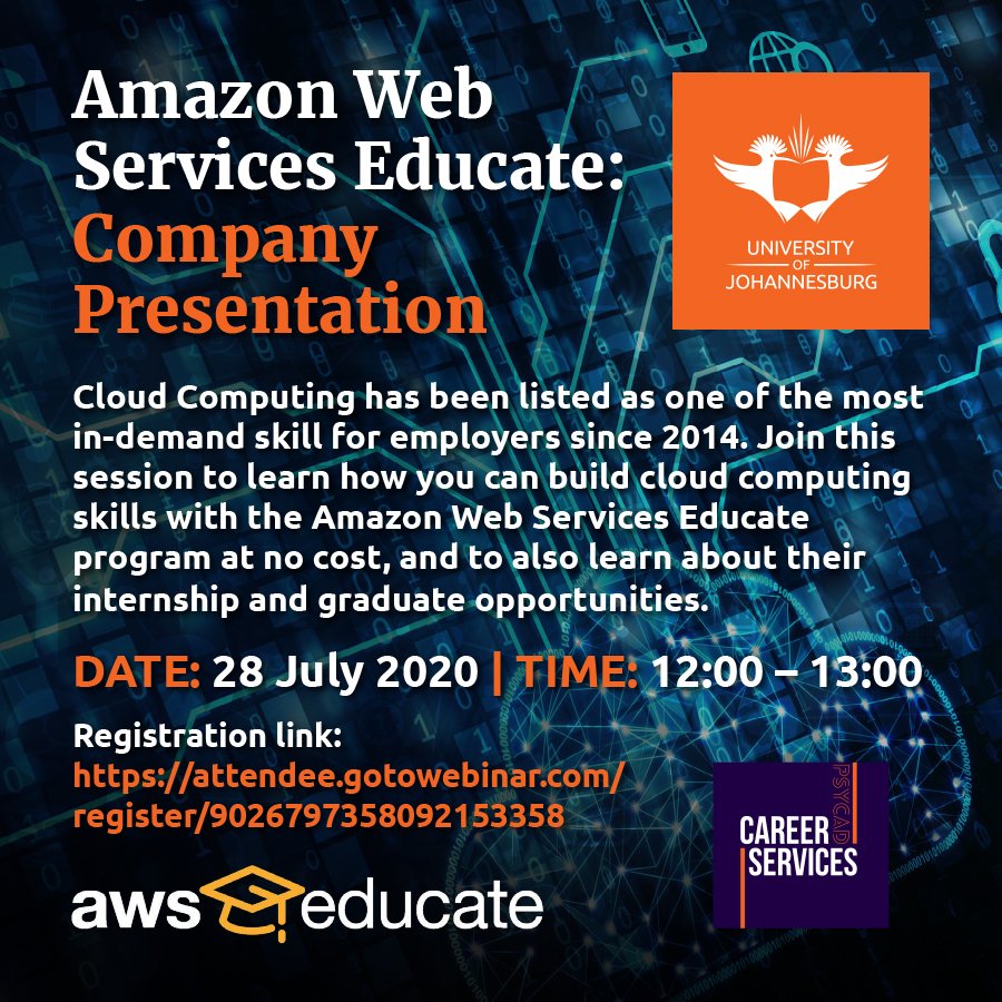 UJCareerService's tweet photo. Interested in cloud computing or curios to learn more, join the Amazon Web company presentation to learn directly from industry. 

You need to register to attend this event: https://t.co/V7odFVwJlk

#BuildYourSkillset
#YourFutureCareer
#UJCareerServices
#YourCareerReimagined https://t.co/7XetMXfNX1