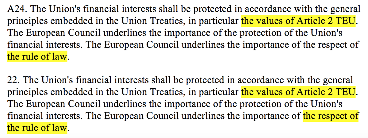 3/ respect for the rule of law is explicitly mentioned twice with same para appearing in main text in MFF section (para A24) and in horizontal section of Annex (para 22) and there are 2 additional mentions to Article 2 TEU values, which include of course the rule of law