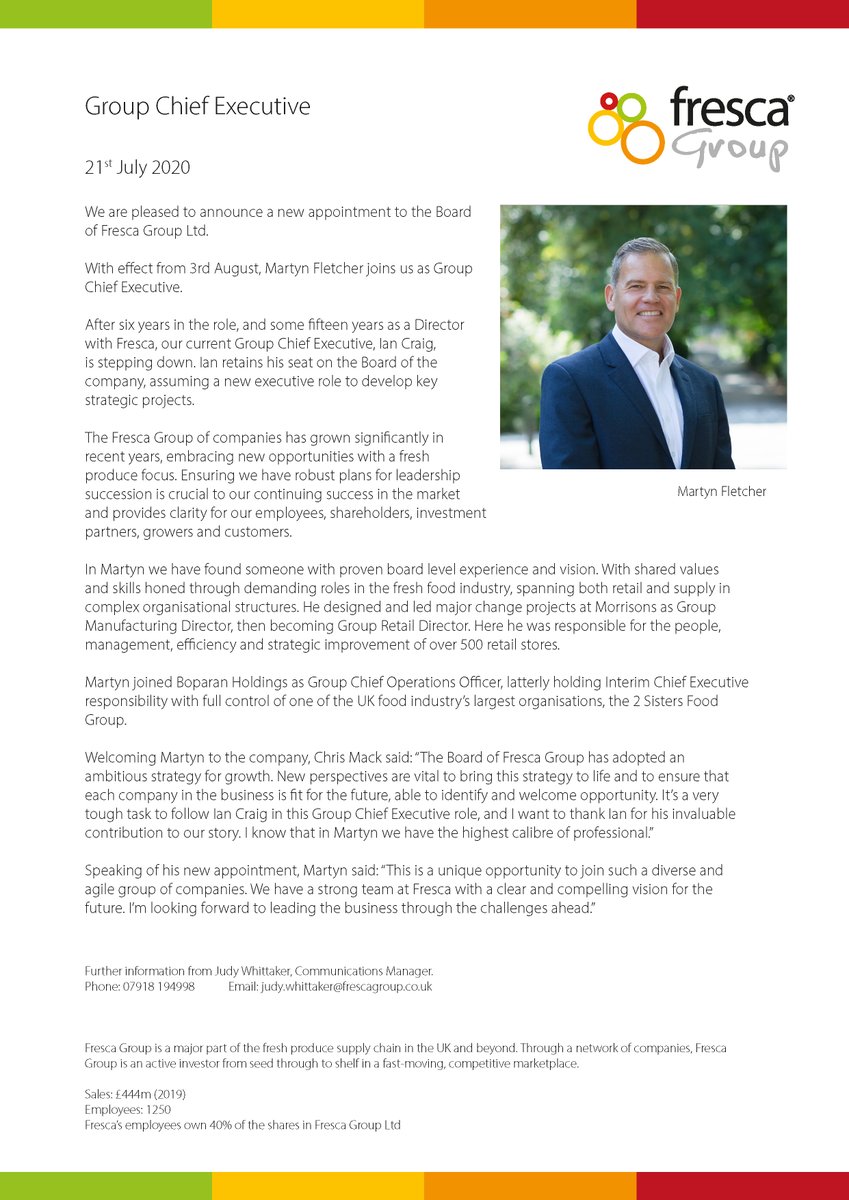 Big news from Fresca released today. We welcome Martyn Fletcher who joins us shortly as our new Group Chief Executive.