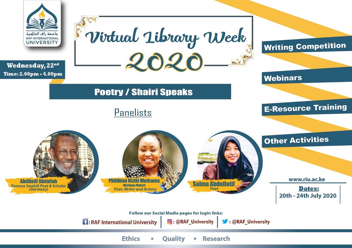 IslamicUniKe's tweet photo. 'You can find poetry in your everyday life, your memory, in what people say on the bus, in the news, or just what's in your heart'. - Carol Ann Duffy
Join us tomorrow from 2:00pm-4:00pm. Use the link below to join the session:
https://t.co/5F3oTAZTdD
#poetry
#LibraryWeek2020 https://t.co/XU0KCkpv98