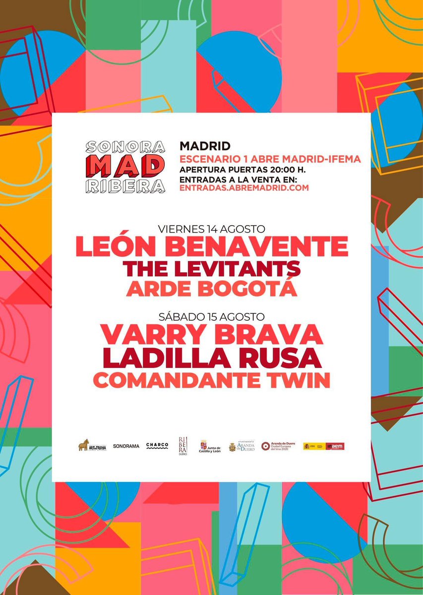sonoramaribera's tweet photo. ¡Ya tenemos las entradas de día para SONORAMAD!

@LEONBENAVENTE, @TheLevitants, @arde_bogota, @varrybrava, @LadillaRusa y Comandante Twin te esperan en @IFEMA los días 14 y 15 de agosto :) 

Abono completo: https://t.co/3Su6MQxhUQ

Entradas de día: https://t.co/XoipChqtJK https://t.co/A8yNM9KF5H