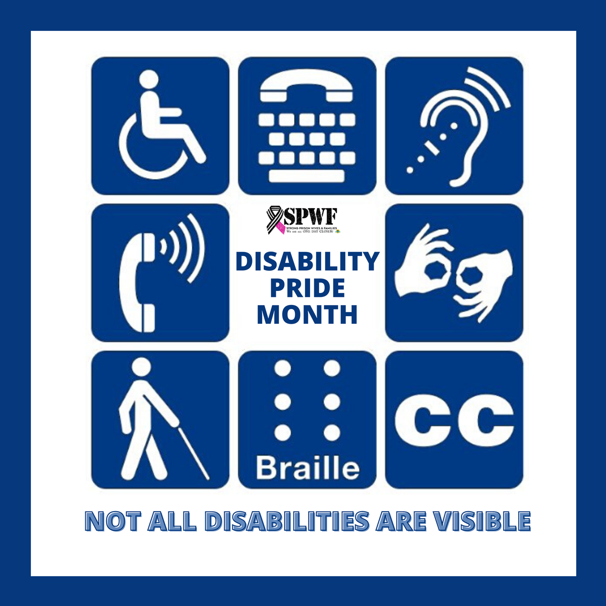 StrongPrisonWiv's tweet photo. July is #DisabilityPrideMonth!
The month coincides with the anniversary of the Americans with Disabilities Act of 1990.
#disability #disabilities #disabilitypride #disabilitypridemonth
#SPWF #FreeAdam #HelpFreeAdamNow #supportgroup #prisonfamilies #nonprofit #501c3 https://t.co/f0TT2OA0ja