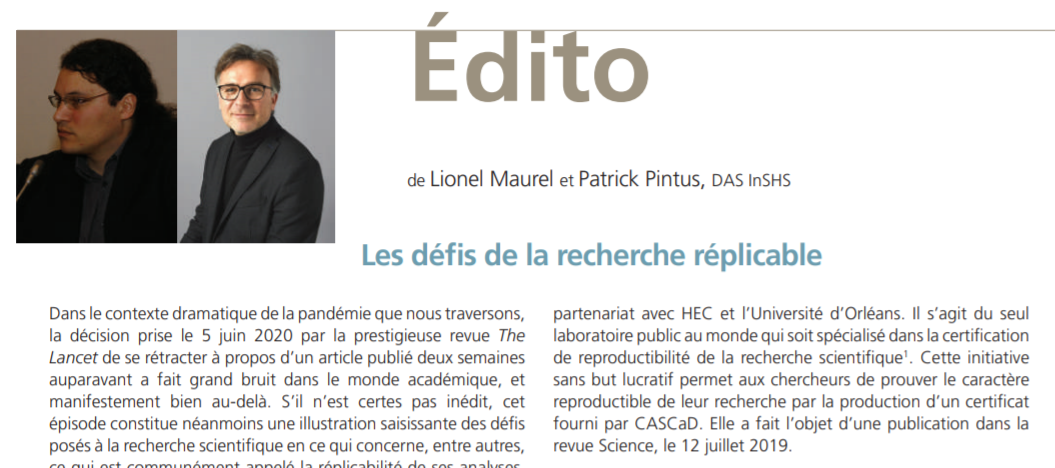 HECKnowledge's tweet photo. "L’innovation de #CASCaD est d’avoir mis au point une procédure de certification accessible à tous les chercheurs et chercheuses, permettant de garantir la reproductibilité des résultats présentés dans une publication scientifique" - Lettre de @INSHS_CNRS: https://t.co/vi5fLPq2lt https://t.co/XnCZPFPaDy