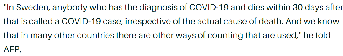 sweden just counts cov deaths extremely inclusively.this had led to very high numbers reported especially as covid is an opportunistic infection that moves in when you're already sick.