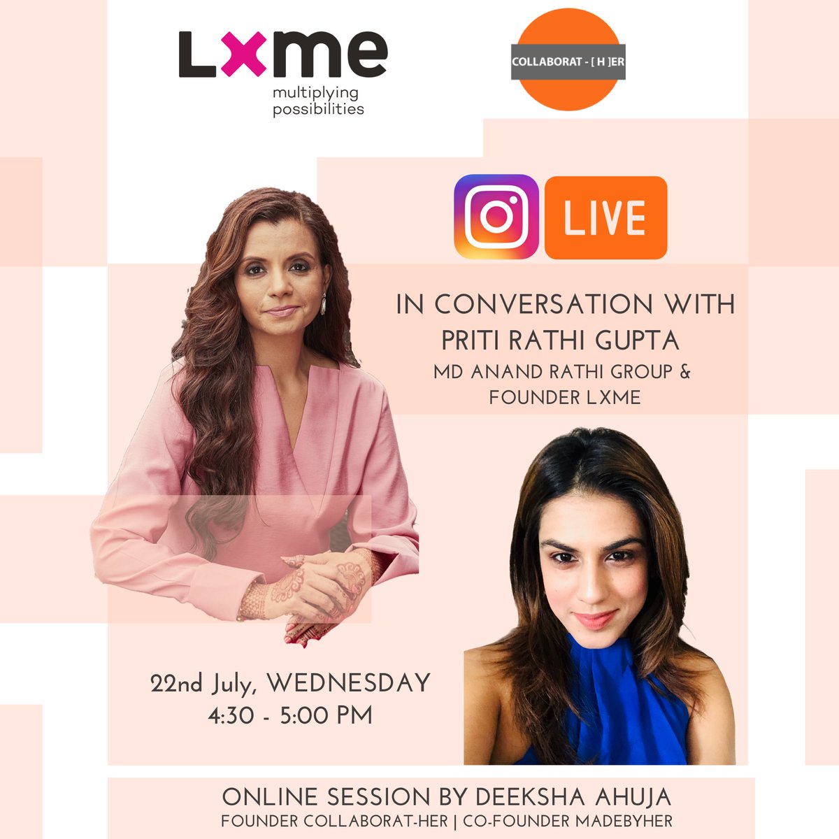 deeksha291's tweet photo. @LXMEofficial makes #investing seamless for women! In conversation with @PritiRathiGupta founder @LXMEofficial ! Tune in to hear her share her views on investing and become part of an exclusive women investing league via @CollaboratHer https://t.co/oZ6f0FnJFV