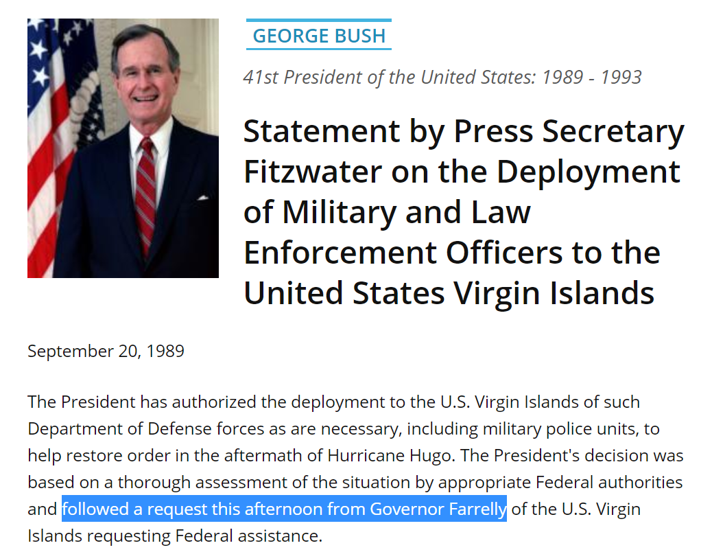 3. On the left:Bill Barr trying to use Virgin Islands operation to justify deployment of military force without governors' consent ( #FacetheNation interview)On the right:White House statement at time of Virgin Islands operation saying they had governor's consent.