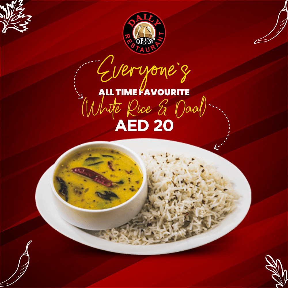 Dailyrestaurant's tweet photo. Nothing tastes more like home than an amazing plate of white rice & daal. Enjoy the Summer treat at Daily Restaurant with everyone’s favourite dish only for AED 20.
#DailyExpressRestaurant #Dinein #Delivery #OrderNow #desifood #DaalChawal https://t.co/fNU63aLQu7