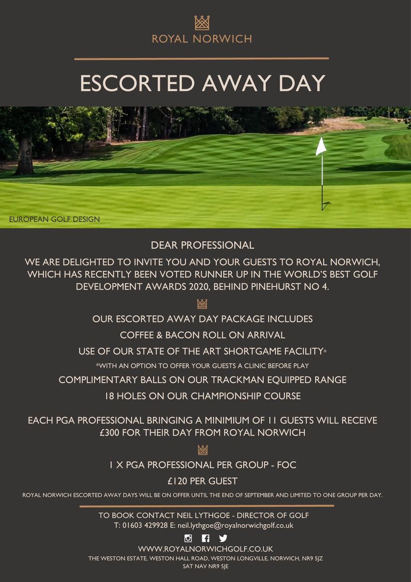 <a href="/Royal_Norwich/">Royal Norwich</a> have an attractive escorted away day offer for PGA Professionals. Click on the image to find out more 👉 📷