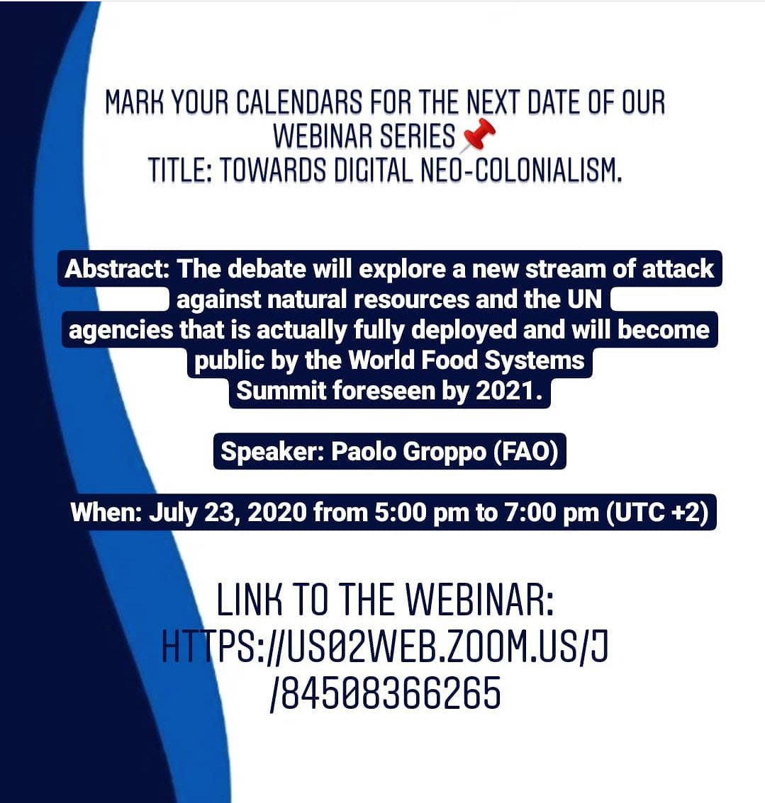 AgricoltureF's tweet photo. Mark your calendar for the next date of our webinar:"Towards digital neo-colonialism" 23 July 2020 from 5 pm to 7 pm!📌

Link to the webinar:
https://t.co/CXDlKyOGNj https://t.co/TkyStjmlgc
