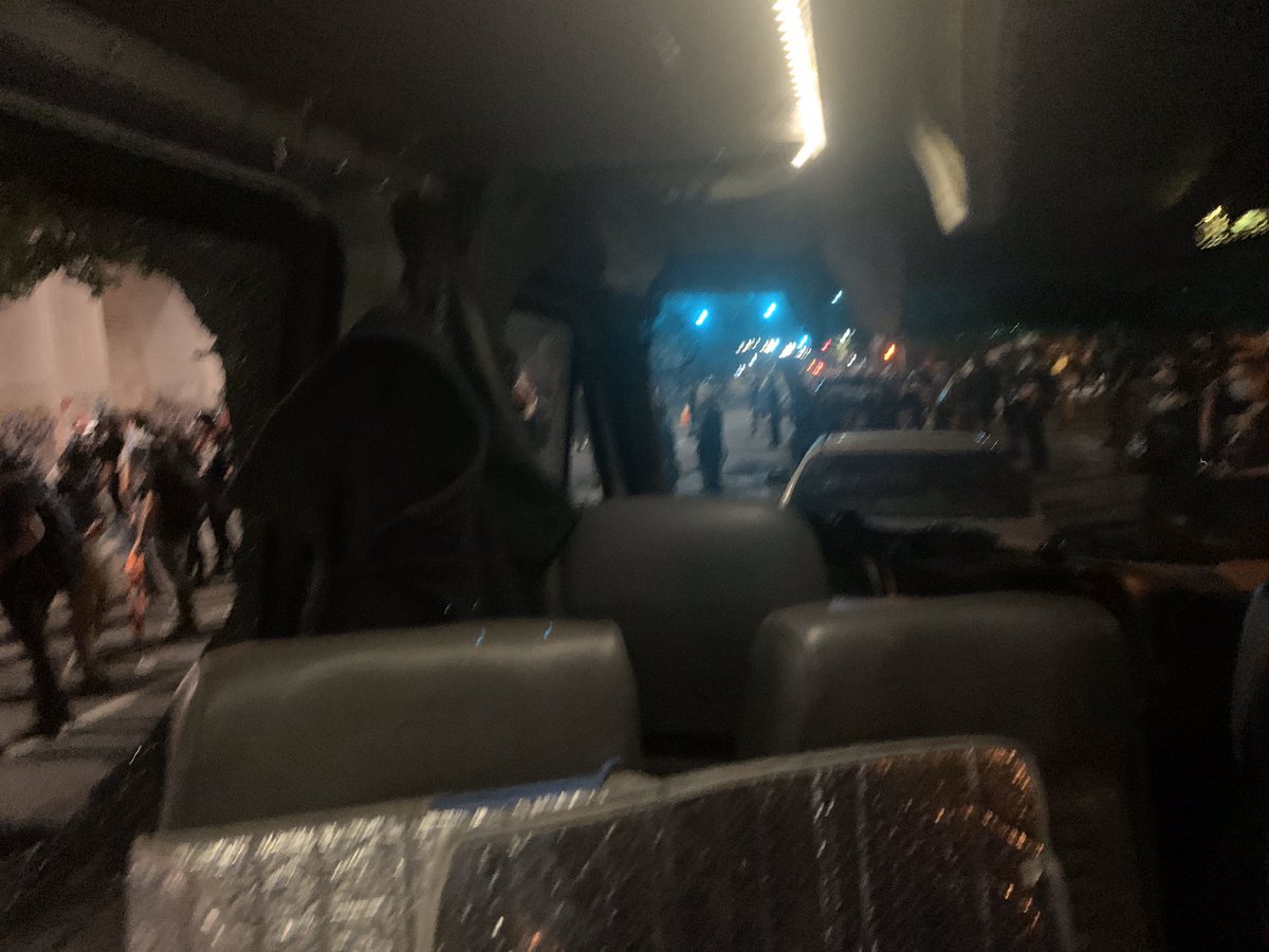 FiorellaIsabelM's tweet photo. Look what they did to the Bernie Van?! The Feds literally smashed this with us in it and pointed guns at us as we were shouting “media.” https://t.co/nd4e7vShQq