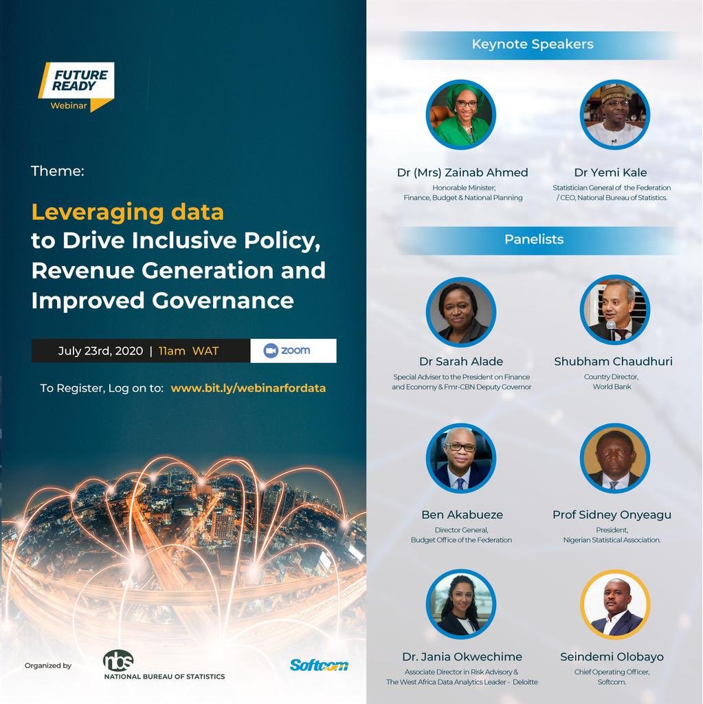 FinMinNigeria's tweet photo. "Leveraging Data To Drive Inclusive Policy, Revenue Generation &amp; Improved Governance in Nigeria" 

Keynotes by @ZShamsuna HM @FinMinNigeria &amp; @sgyemikale Statistician-General/CEO @nigerianstat 

Date: Thursday, July 23th
Time: 11am WAT

Register: https://t.co/Sy83cNPMFy https://t.co/YEukjnrGvm