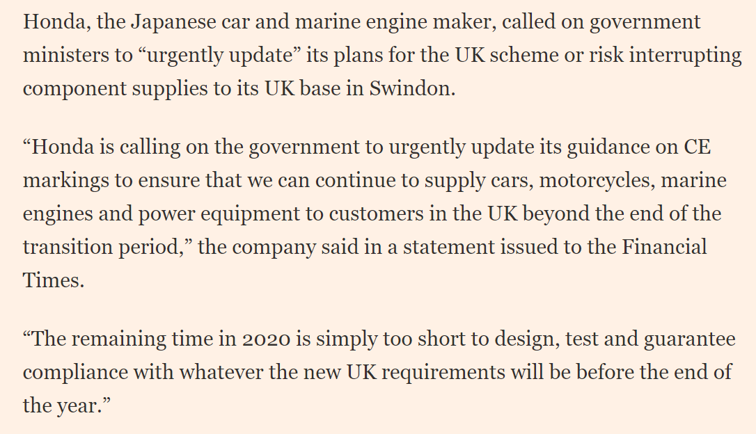 So manufactures like Honda (and other  @MakeUK_ members are begging for mercy! Telling govt to reinstate the 'grace period' so that they at least have time to adjust to the new regime... or they won't be able to place goods on the market. Which would be bonkers./7