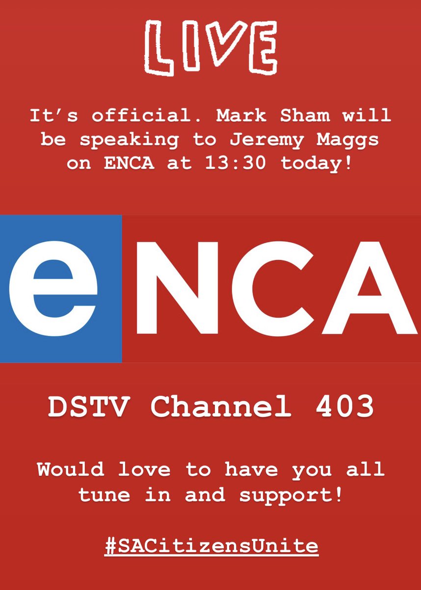 MarkSham's tweet image. Please help me spread the word. I’ll be on ENCA with Jeremy Maggs at 13:30 today! Will be discussing the video that went viral and #SACitizensUnite campaign 😉