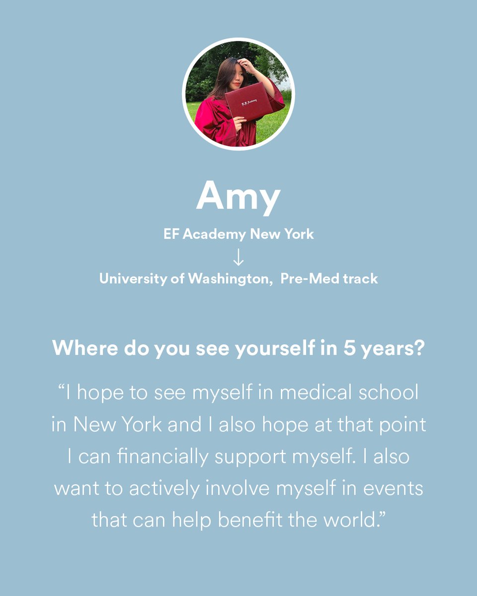 In the following weeks, we'll be highlighting some of our 2020 graduates' university acceptances 🎓

First up, meet Amy 👋 She'll be attending the University of Washington.
#EFAgraduates #EFAstories #efacademystudent #roadtouniversity #academicjourney #internationalstudent
