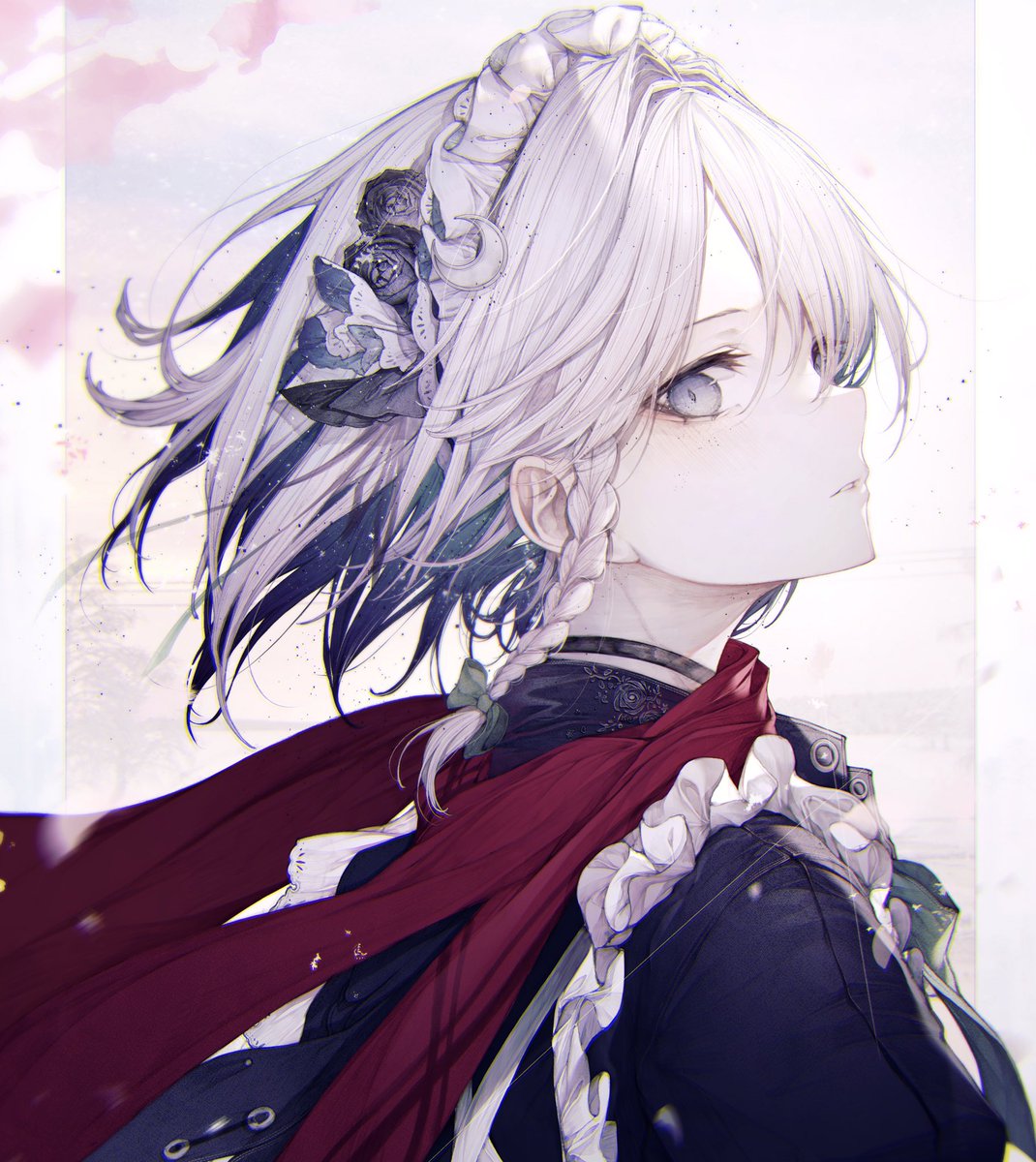 izayoi sakuya 1girl solo braid scarf red scarf looking at viewer upper body  illustration images