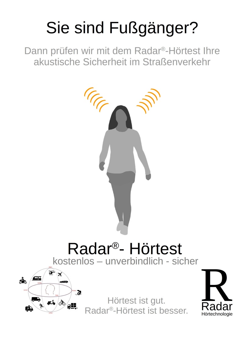 Fußgänger erkennen mit ihrem akustischen Radar herannahende Verkehrsobjekte und vermeiden so Unfallsituationen. Jetzt Radar-Hörtest machen und prüfen, ob es noch funktioniert. #RadarHörtest #Hörtest #Unfallprävention #SeniorenSicherMobil #VerkehrsHörtest