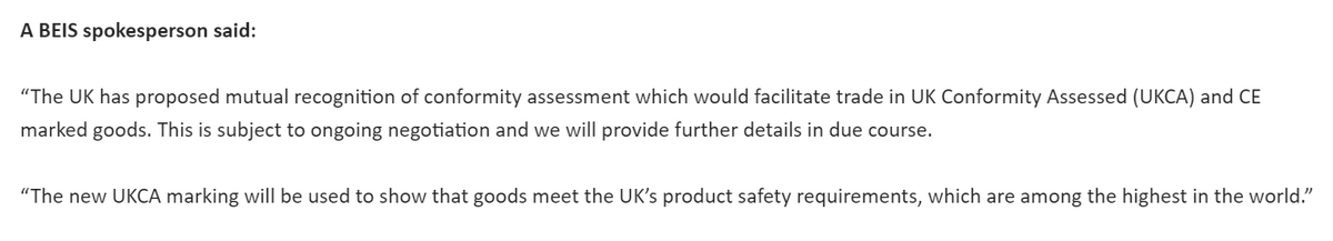 The UK is seeking a 'Mutual Recognition Agreement' that would enable testing bodies on both sides of the Channel to issue certificates for each others regimes - but you'll still need BOTH. A UKCA mark for the UK, a CE mark for the EU. So second Q: what's the point of that?/9