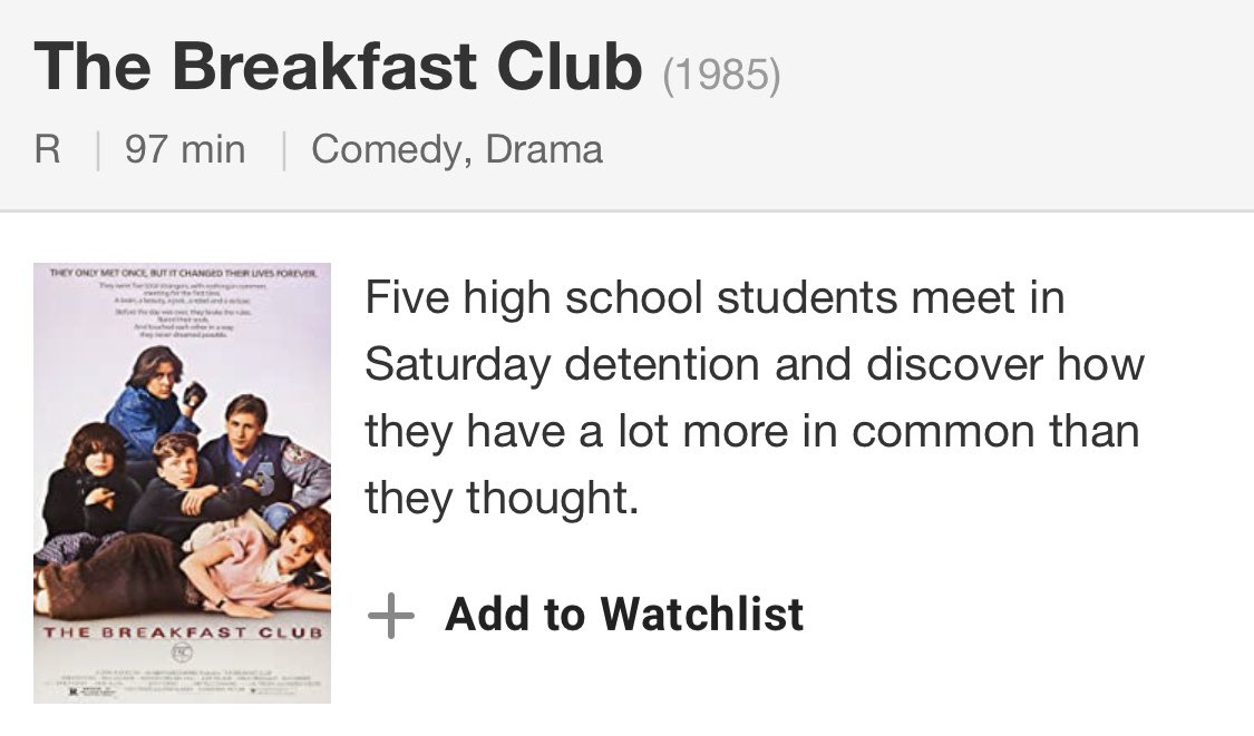 - 10 things i hate about you (1999) - bring it on (2000) - the breakfast club (1985) - a walk to remember (2002) 