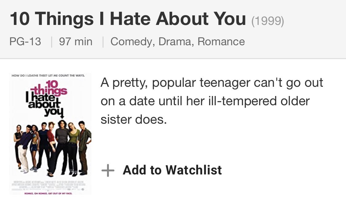 - 10 things i hate about you (1999) - bring it on (2000) - the breakfast club (1985) - a walk to remember (2002) 