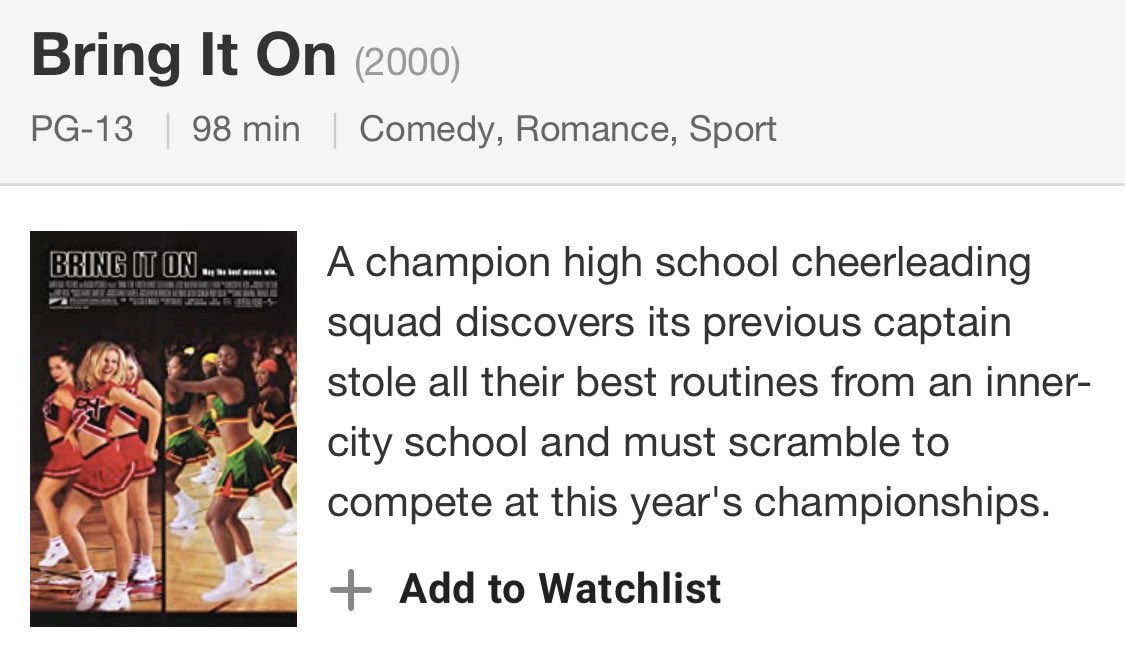 - 10 things i hate about you (1999) - bring it on (2000) - the breakfast club (1985) - a walk to remember (2002) 