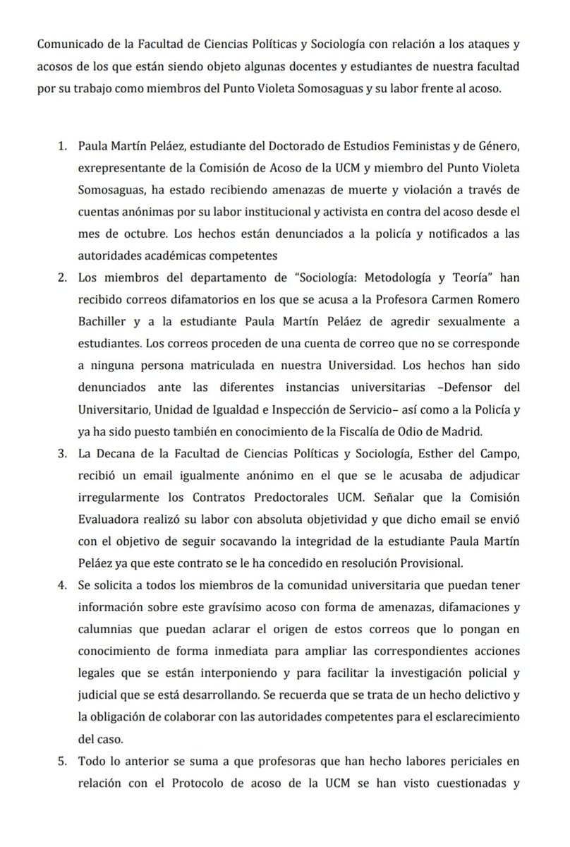 puntovioletaSA's tweet photo. Compartimos el Comunicado de la Comisión de Igualdad ratificado el 17 de Julio por la Junta de la Facultad de Ciencias Políticas y Sociología @CCPPySOCUCM en el que se denuncia el acoso que están sufriendo algunas de nuestras compañeras. Agradecemos difusión. https://t.co/qEi5RAZxqg