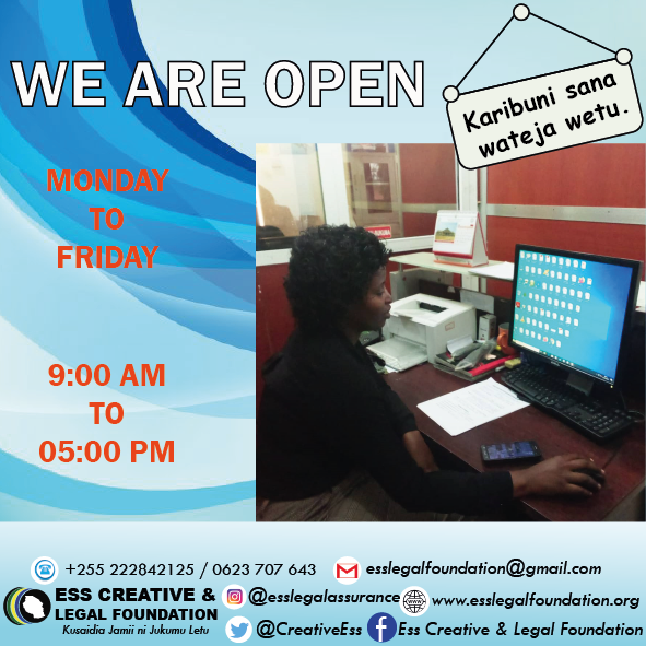 CreativeEss's tweet photo. Tunafungua ofisi zetu kila siku za Jumatatu hadi Ijumaa saa 3:00 asubuhi hadi saa 11:00 jioni. Karibuni sana mpate huduma ya kisheria. #esslegalassurance #uhakikawahudumayasheria #userfriendlyjustice https://t.co/GhpbxtbUsv