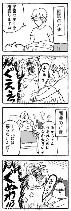 番外編4コマ!
子宮の戻り確認のためにお腹キュッて押されるの、産後すぐだとメッチャ痛いよね…ってやつです。 