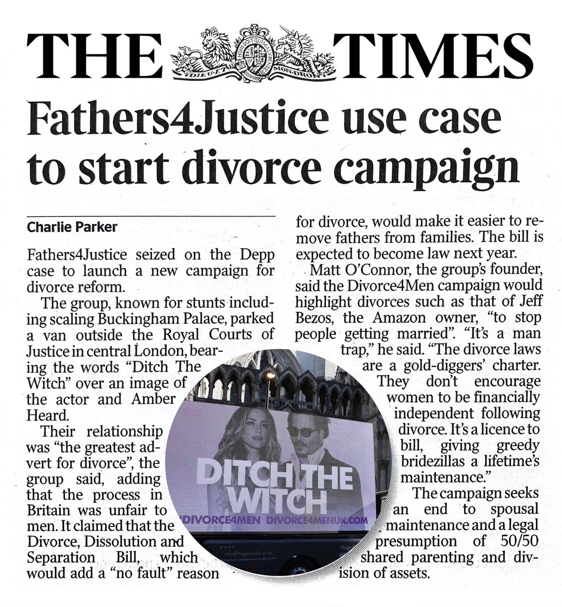 F4JDivorce4Men's tweet photo. THE TIMES: Fathers4Justice use Johnny Depp case to start divorce campaign. Read the full story here: https://t.co/b7D9JAL8Kc #Divorce #Divorce4Men #DivorceForMen #DivorceEquality #DitchTheWitch #F4J #Fathers4Justice #JohnnyDepp #JusticeForJohnnyDepp https://t.co/UkSF37hDh1