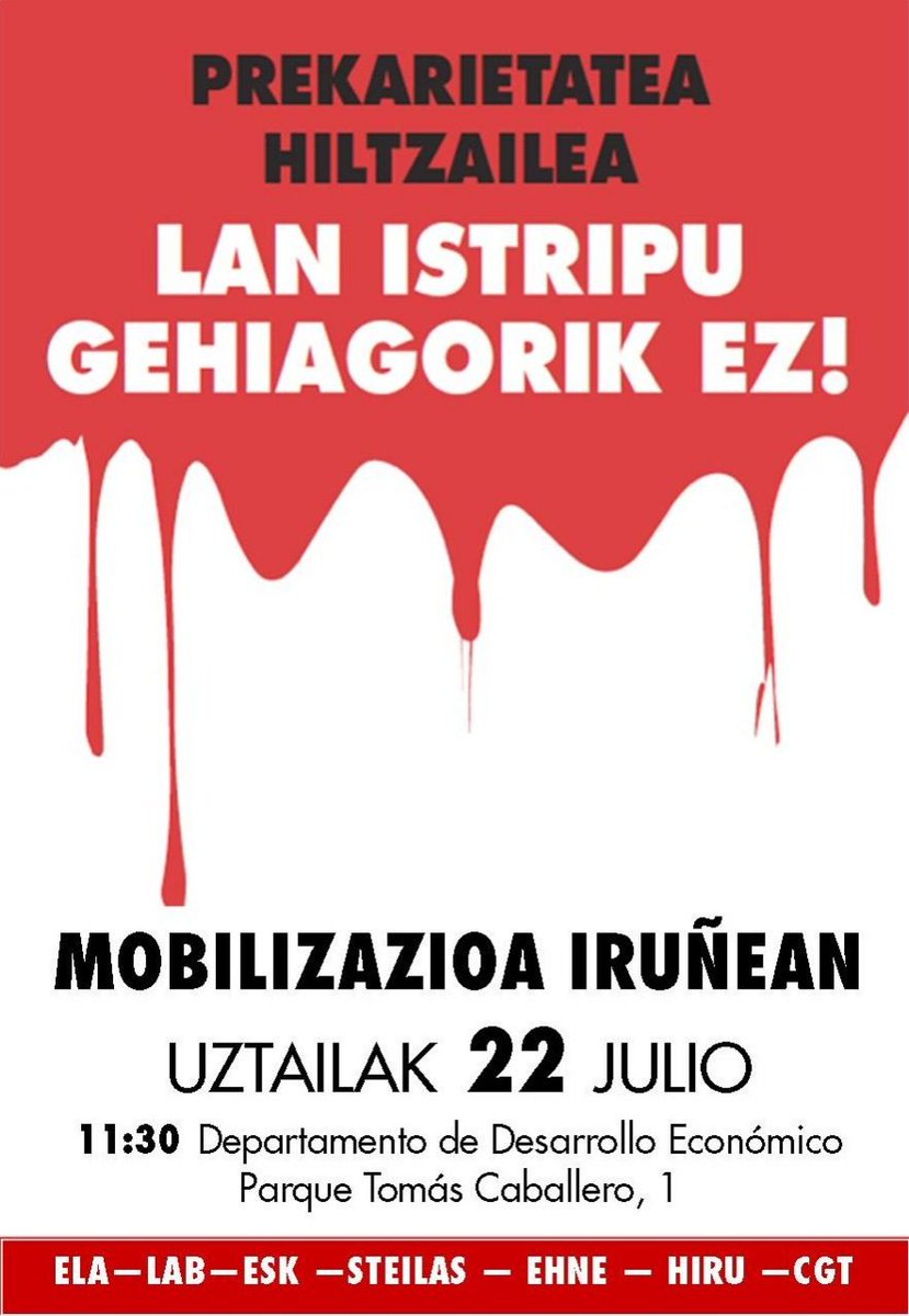 [AGENDA] “Lan istripu gehiagorik ez, prekarietatea hiltzailea” 

Pasa den ostegunean Faltzesen lan istripuan hil zen langilea gogoratzeko elkarretaratzea

📅 Uzt. 22 asteazkena

🕔 11:30

👉 Garapen Ekonomiko Sailan
(Iruñeko Tomas Caballero parkea).