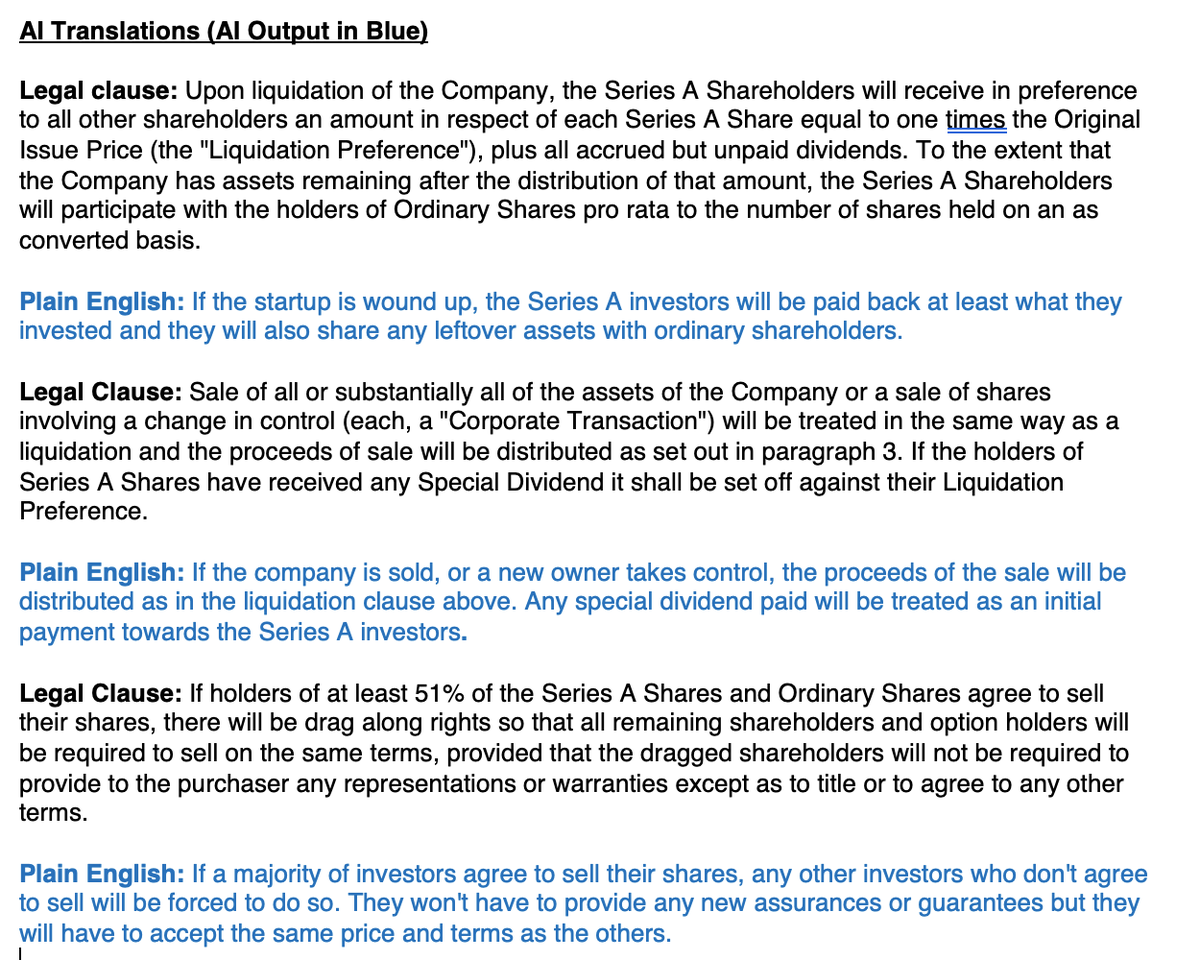 Just taught GPT-3 how to turn legalese into simple plain English. All I gave it were 2 examples 🤯 Might build a term sheet and investment document interpreter out of this 🤓