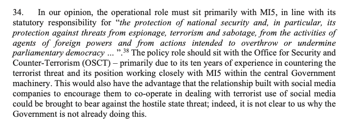 Another big deal – the ISC recommends MI5 is put in charge of protecting elections from foreign disinformation operations.A bigger role for MI5 in elections could easily be used *as part of* an information op – so this is very risky.  #RussiaReport