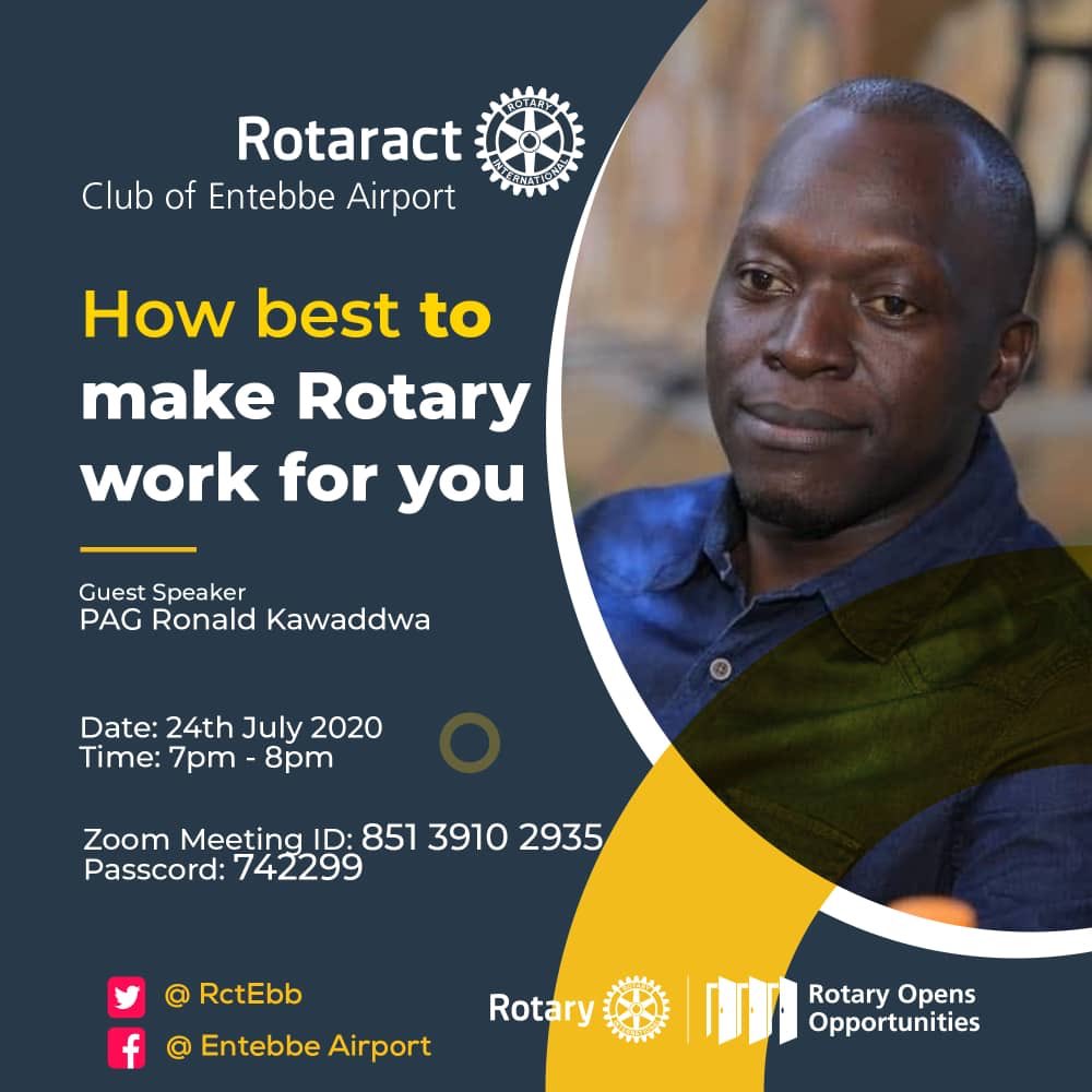 RctEbb's tweet photo. Greetings from the Rotaract club of Entebbe Airport. You are welcome to our meeting on Friday 24th July 2020 as we host PAG Ronald Kawaddwa.

⏰: 19:00 EAT 
Come one, come all! 😁 https://t.co/3dY7Cdoxtf