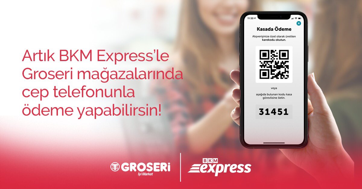 BKMExpress's tweet photo. Artık BKM Express’le @groseri mağazalarında da cep telefonundan kolayca ödeme yapabilirsin! https://t.co/1arA3pdZd1