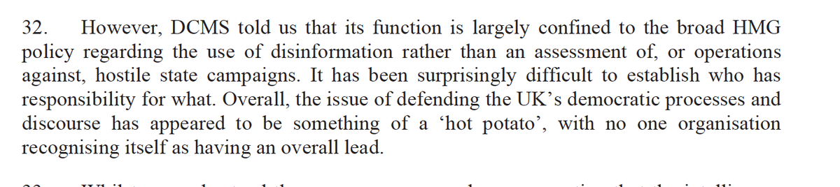 Not surprising at all but interesting to read Russia Report so baldly state that nobody in government is actually in charge of protecting British democracy.