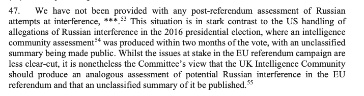 Another big thing: the ISC says the UK's intelligence agencies should do a retroactive investigation into Russian interference on Brexit and publish a public summary.  #RussiaReport.