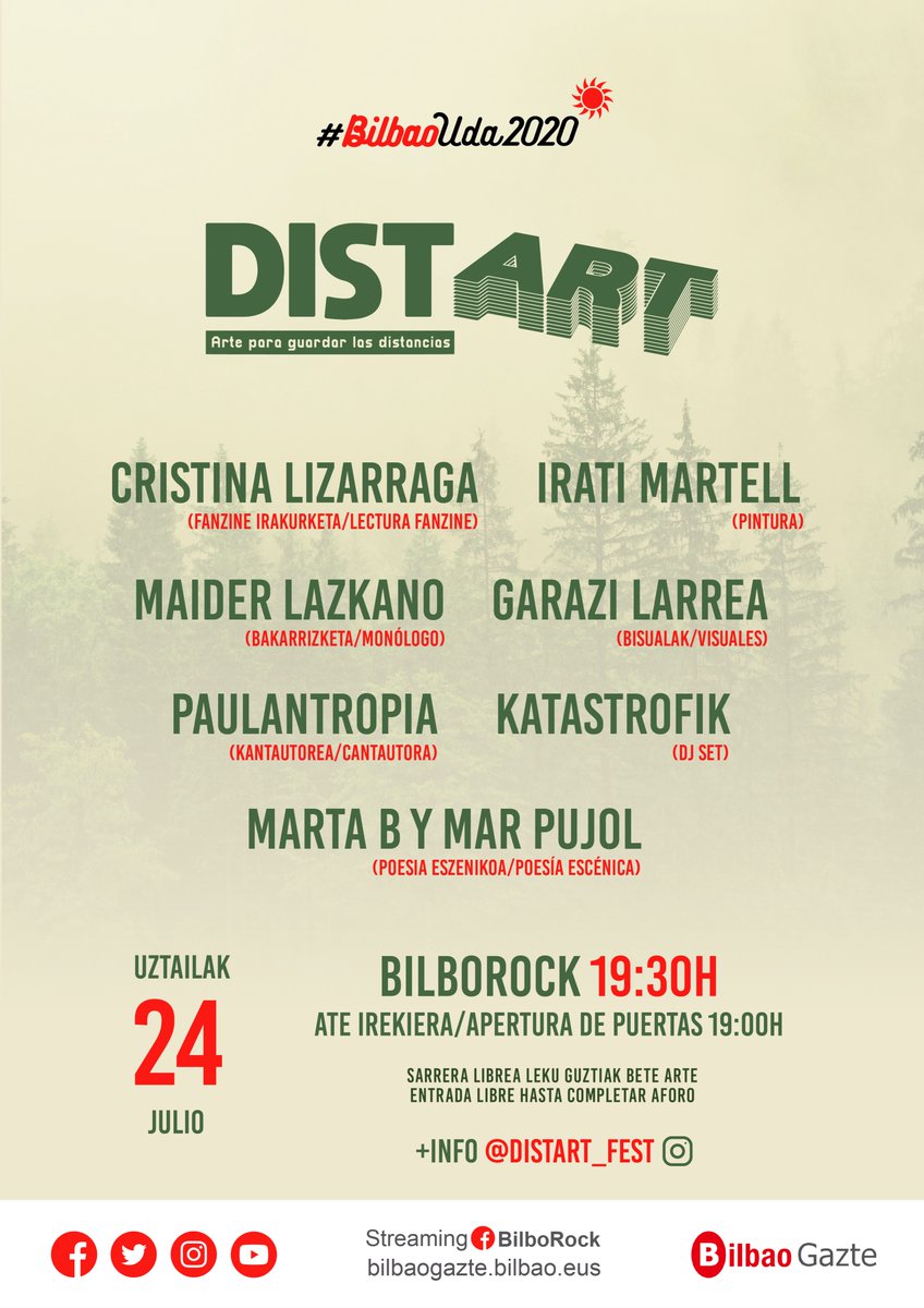 BilbaoGazte's tweet photo. ¡Bilborock acogerá el próximo 24 de julio la nueva edición de Distart Festival! 🎭🎨🖼️📷 Entrada libre hasta completar aforo. 😉   

*El aforo máximo será de 101 personas y las mascarilla será obligatoria.

Toda la info 👉 https://t.co/MeH4qKWbe7

@Distart_fest 

#BilbaoUda2020 https://t.co/nXJLaGMJzG
