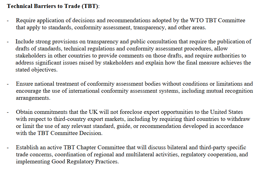 The US would like us to abandon the EU system and allow their voluntary standards to be defined as international, which threatens our ability to keep minimise technical barriers with the EU. And that's a top US ask behind only agriculture.