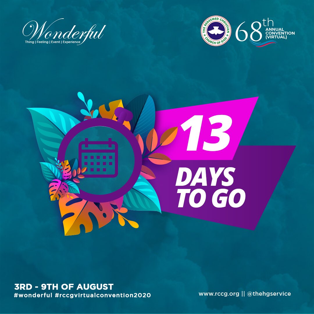 rccghq's tweet photo. The WONDERFUL Convention is starting in thirteen days time.

In what ways are you preparing for the first ever virtual convention?

#Wonderful
#RCCGVIRTUALCONVENTION2020 https://t.co/NugC1I4aA4
