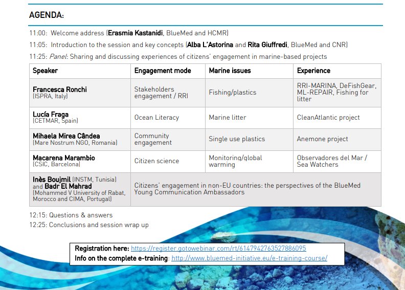 BMahrad's tweet photo. ⏰ Today: I will be a #panelist on "Community and Citizen Awareness, Ocean Literacy", closing the BlueMed e-training on "Understanding and Acting for a Healthy Plastic-free Mediterranean Sea": https://t.co/hBr5HXsF6N #BlueMedPilot
Join the momentum created by #BlueMed 🌊 #Morocco https://t.co/QaFN5JUXyb
