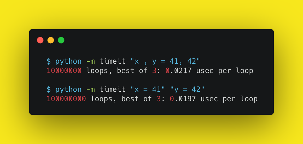 pyconindia's tweet photo. Python Trivia:

Multiple assignment is slower than an individual assignment.
However, multiple assignment is faster for variable swaps.

Reference: https://t.co/a1GCabkJzd

#python #pyconindia2020 https://t.co/tdD9mOVSPZ