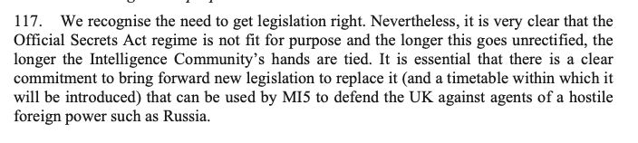 ISC appears to endorse calls to replace the Official Secrets Act with an Espionage Act – this resurfaces frequently and could be a serious threat to journalism, if not properly kept in check.