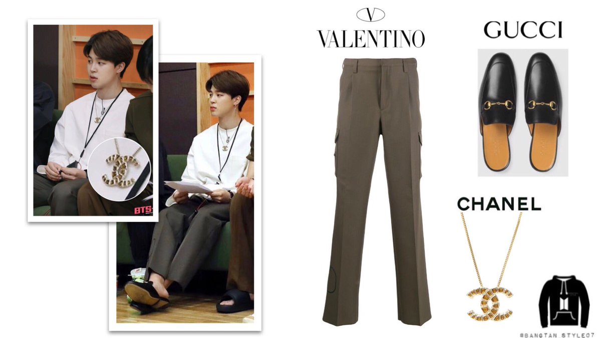 RUN BTS Episode 109Jimin was wearing Valentino V logo stamp trousers ($900), GUCCI Leather Horsebit Slippers ($695) & Chanel Pre-fall 2019 Nile CC Necklace.  #MTVHottest BTS  @BTS_twt