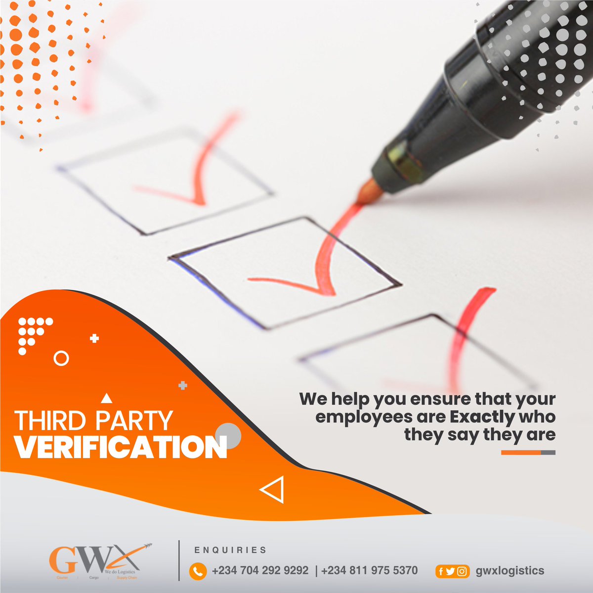 gwxlogistics's tweet photo. We can help you verify your employee’s details
Call or send us a DM
#TerrificTuesday #3rdpartyverification #addressverificationservice https://t.co/pGwVJ6PNFG