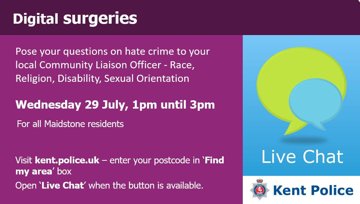 Maidstone CLO will be hosting an online surgery for victims of #HateCrime, reported or not, and those with any questions/concerns around the subject. Let us know your worries and access support.DW  #Disability #Race #Religion #Gender #SharetomakeAware