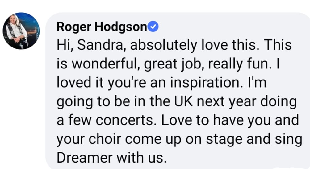 RealFunkyvoices's tweet photo. @BBCRadio2 @radioleary Your local choir Dermot!! Such exciting news to have your work given the seal of approval by the original artist! Absoulutely proud and delighted to be invited to sing with @RogerHodgson on his UK Tour next year! #notyouraveragechoir #dreamer #lockdownbonus https://t.co/nf971e8swP