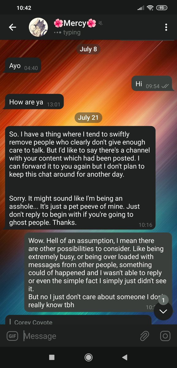 This person is literally crazy. Don't even know this person, yet got very upset I missed a message from her. Then when I tried to explain, she's like oh you just don't care. I told her to leave me alone and yet kept coming. So I deleted the chat, and then threatens old porn leaks